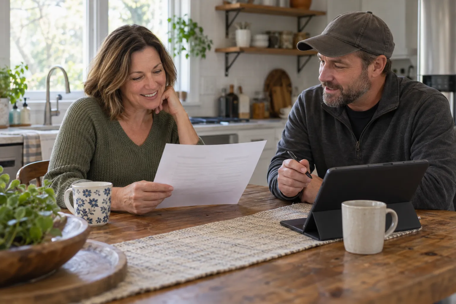 A homeowner reviewing a written roof quote at a kitchen table